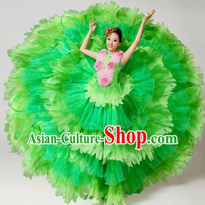 Chinese Stage Dance Costumes Ribbon Dancing Costume Dancewear China Dress Dance Wear and Hair Accessories Complete Set