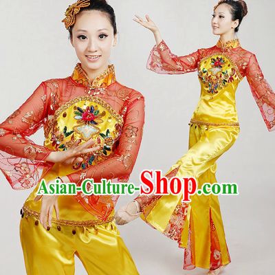 Chinese Dance Costumes Ribbon Dancing Costume Dancewear China Dress Dance Wear and Hair Accessories Complete Set