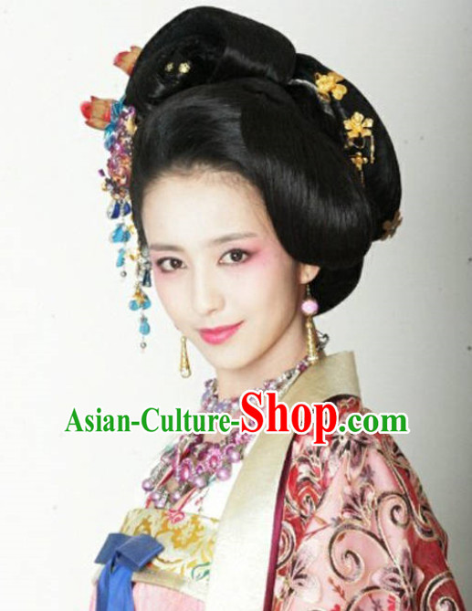 Chinese Tang Dynasty Emperor Concubine Wigs and Hair Accessories Set Chinese Tang Dynasty Emperor Concubine Wigs and Hair Accessories Set