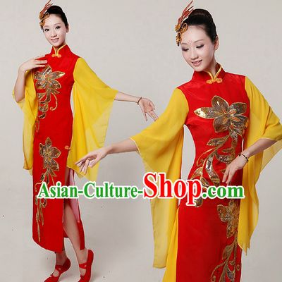 Chinese Stage Dance Costumes Ribbon Dancing Costume Dancewear China Dress Dance Wear and Hair Accessories Complete Set