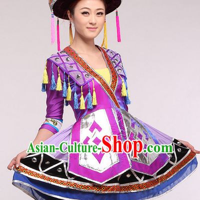 Chinese Folk Ethnic Competition Dance Costume Group Dancing Costumes and Hat Complete Set for Women