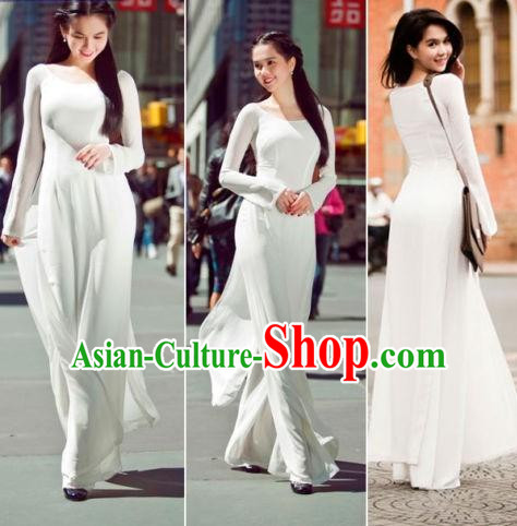 Pure White Traditional Vietnamese Girl Clothing Ao Dai