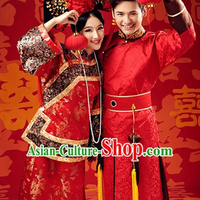 Traditional Chinese Qing Dynasty Wedding Celebration Outfits for Men and Women