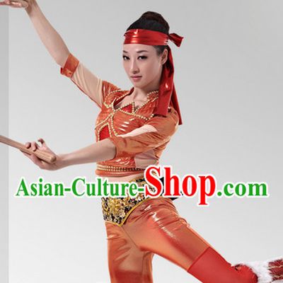 Chinese Stage Celebration Drum Dancewear and Head Band Complete Set for Women