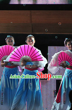 Chinese Blue Fan Dancing Group Costume for Girls Chinese Blue Fan Dancing Group Costume for Girls