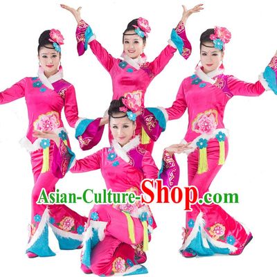 Pink Traditional Chinese Spring Festival Dance Costumes and Headwear Complete Set for Women