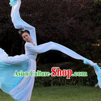 Long Water Sleeve Chinese Dance Costumes and Headwear Complete Set for Women