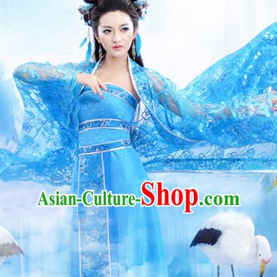 Blue Chinese Classic  Sexy Costume and Hair Jewelry Complete Set for Women
