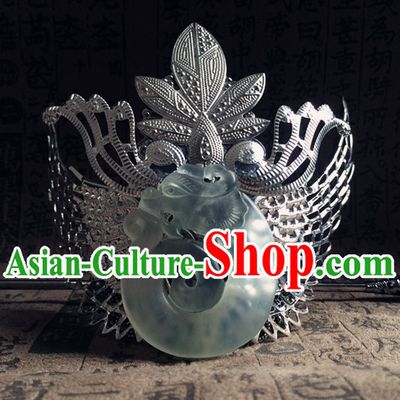 Silver Ancient Chinese Poet  Handmade Jade Headwear Head Pieces Coronet Crown for Men