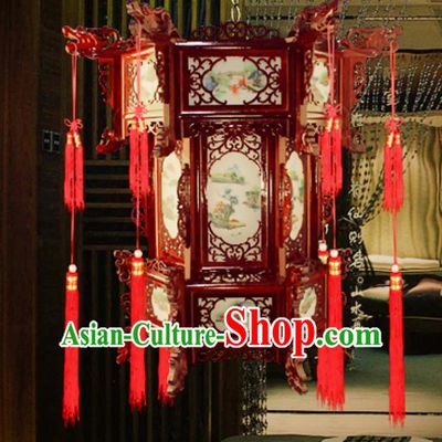 Chinese Antique Style Ancient Handmade Hexangular Natural Wood Hanging Palace Lantern