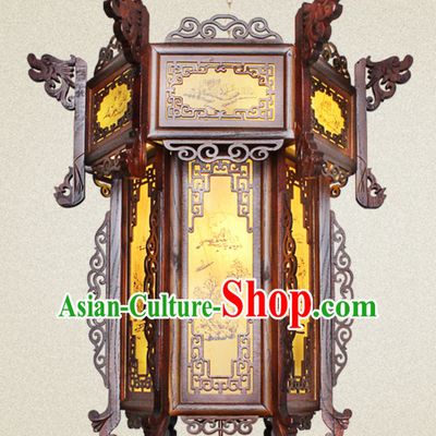 Chinese Antique Style Ancient Handmade and Carved Natural Wood Hanging Palace Lantern