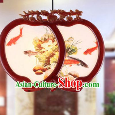 Chinese Ancient Handmade and Carved Natural Wood Gold Fish Hanging Lantern