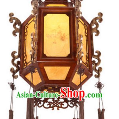 Chinese Ancient Handmade and Carved Natural Wood Ceiling Lantern