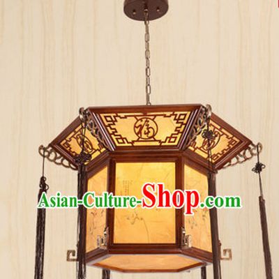 Chinese Classical Handmade and Carved Natural Wood Hanging Palace Lantern