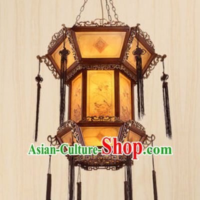 Chinese Classical Handmade and Carved Natural Wood Hanging Palace Lantern