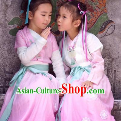Ancient Chinese Kids Hanfu Costume and Hair Accessories Complete Set