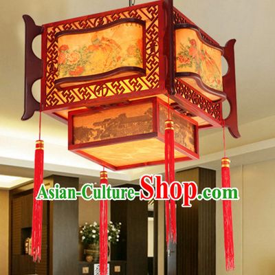 Chinese Classical Handmade and Carved Natural Wood Hanging Palace Lantern