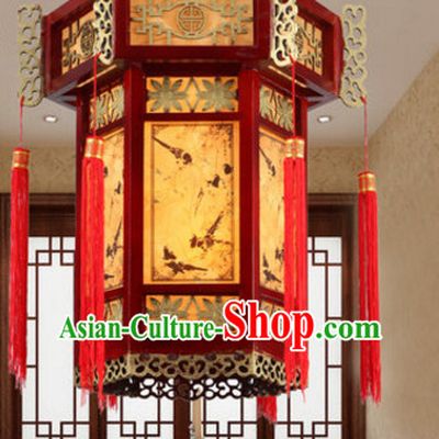 Chinese Classical Handmade and Carved Natural Wood Hanging Palace Lantern
