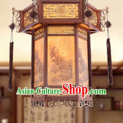 Chinese Classical Handmade and Carved Natural Wood Hanging Palace Lantern
