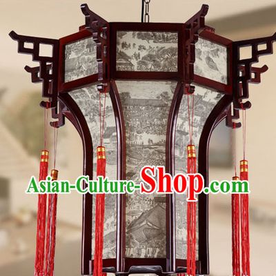 Traditional Chinese Classical Natural Wood and Carved Hanging Palace Lantern