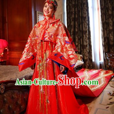 Long Tail Traditional Chinese Wedding Brides Dresses and Hair Accessories Complete Set