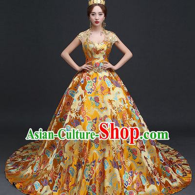 Top Chinese Gold Wedding Dress and Headwear Complete Set