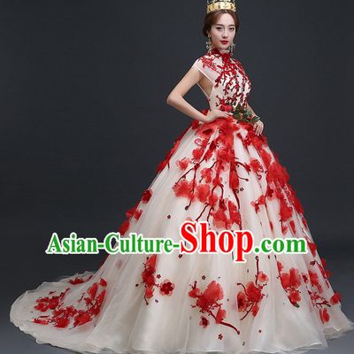 Top Chinese Floral Wedding Dress and Headwear Complete Set