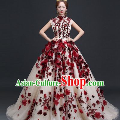 Top Chinese Floral Wedding Dress and Headwear Complete Set