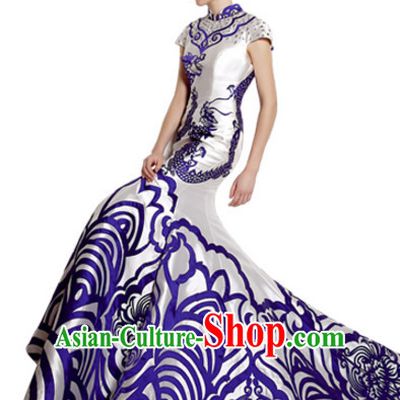 Top Chinese Blue White Long Tail Wedding Dress Evening Dress Complete Set
