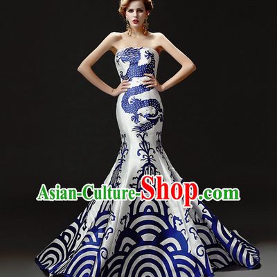 Top Chinese Blue White Long Tail Wedding Dress Evening Dress Complete Set