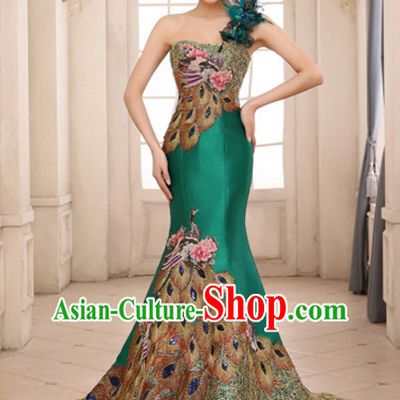 Top Chinese Green Long Tail Wedding Dress Evening Dress and Hair Jewelry Complete Set
