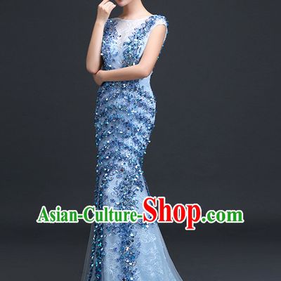 Top Chinese Blue Long Tail Wedding Dress Evening Dress and Hair Jewelry Complete Set