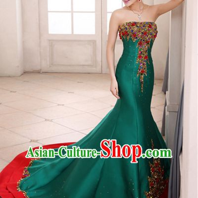 Top Chinese Green Long Tail Wedding Dress Evening Dress and Hair Jewelry Complete Set