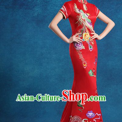 Top Chinese Red Embroidered  Long Tail Wedding Dress Evening Dress and Hair Jewelry Complete Set