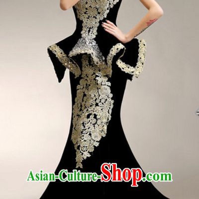 Top Chinese Black Long Tail Evening Dress Complete Set