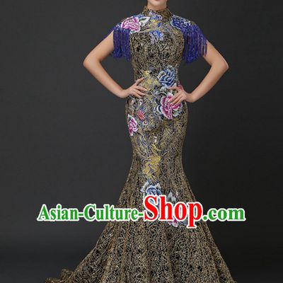 Top Chinese Classic Style Long Tail Evening Dress Complete Set
