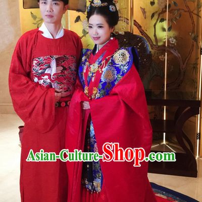 Top Chinese Ming Dynasty Wedding Dresses Clothing and Hats 2 Complete Set for Brides and Bridesgroom