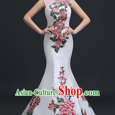 Top Chinese White Long Tail Wedding Dress Evening Dress and Hair Jewelry Complete Set