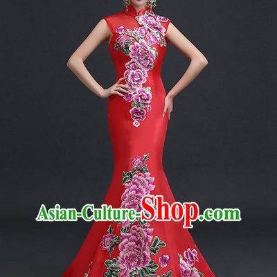 Top Chinese Red Long Tail Wedding Dress Evening Dress and Hair Jewelry Complete Set