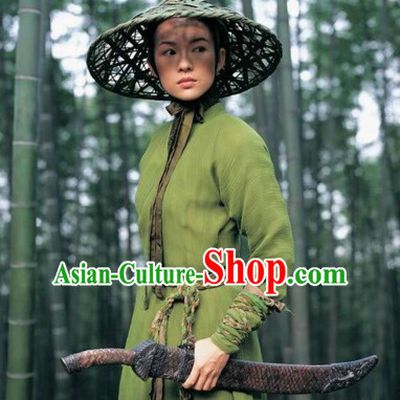 Ancient Chinese Swordswoman Costume and Bamboo Hat Complete Set for Women or Men