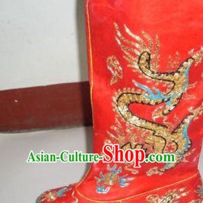 Ancient Chinese Handmade Red Emperor Dragon Embroidery Boots Shoes