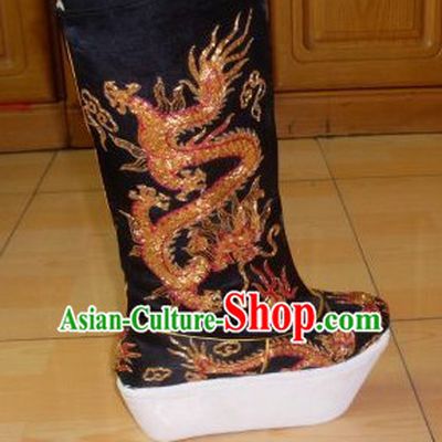 Ancient Chinese Handmade Black Emperor Dragon Embroidery Boots Shoes