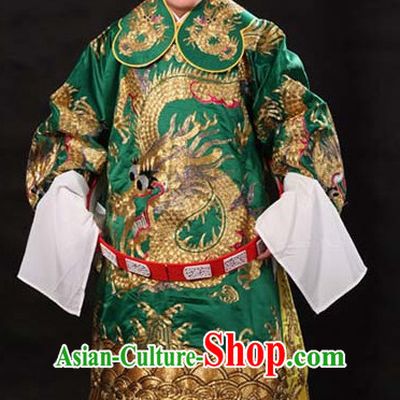 Green Ancient Chinese Embroidered Dragon Opera Clothing and Helmet Complete Set for Men