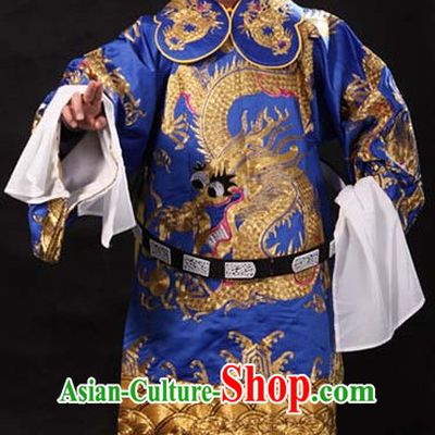 Blue Ancient Chinese Embroidered Dragon Opera Clothing and Helmet Complete Set for Men