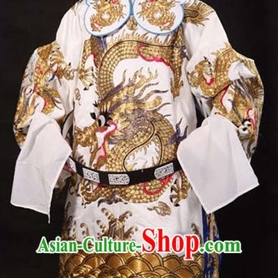 Whtie Ancient Chinese Embroidered Dragon Opera Clothing and Helmet Complete Set for Men