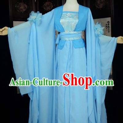 Blue Traditional Chinese Classical Fairy Costumes Complete Set for Women or Girls