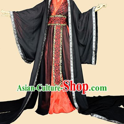 Black Red Traditional Chinese Classical Hanfu Clothing Complete Set with Long Tail