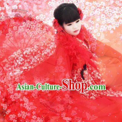Red Traditional Chinese Classical Princess Hanfu Clothes Complete Set with Long Tail