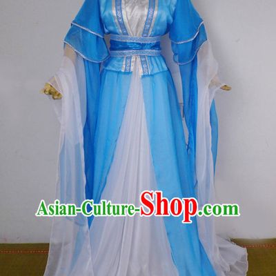 Blue and White Traditional Chinese Classical Hanfu Clothes Complete Set with Long Tail