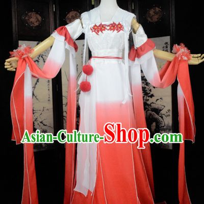Red and White Traditional Chinese Classical Hanfu Clothes Complete Set with Long Tail